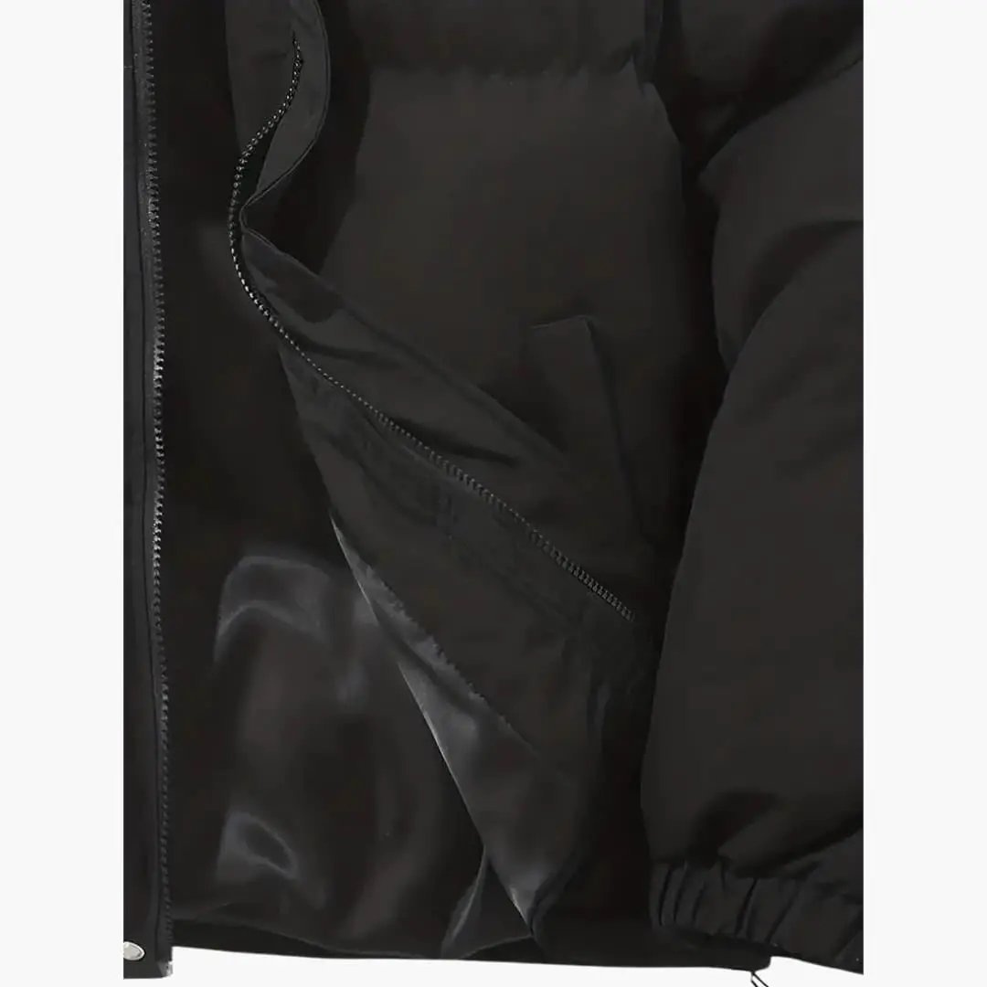 Women's black hooded jacket with front zipper and visible exterior stitching