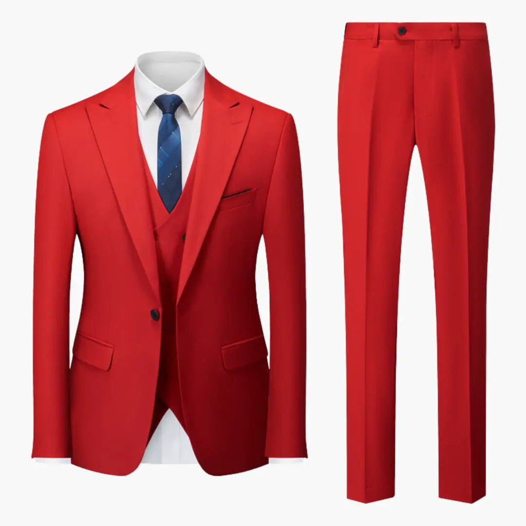 Elegant Slim Fit 3-Piece Suit red blazer waistcoat and trousers with white shirt and blue tie