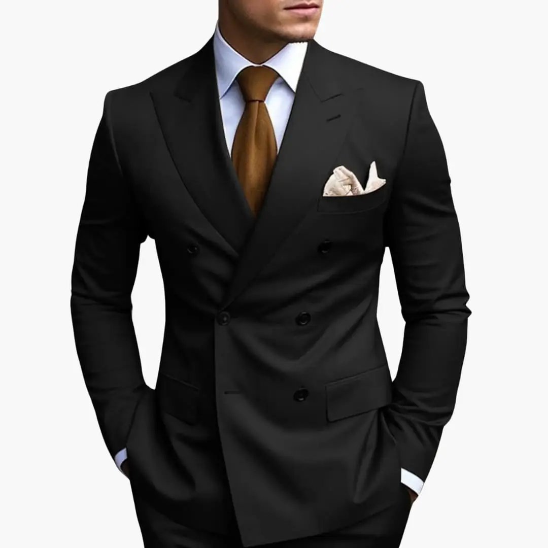 Men's Wilfred Smith black double-breasted suit with notched lapels and beige pocket square.