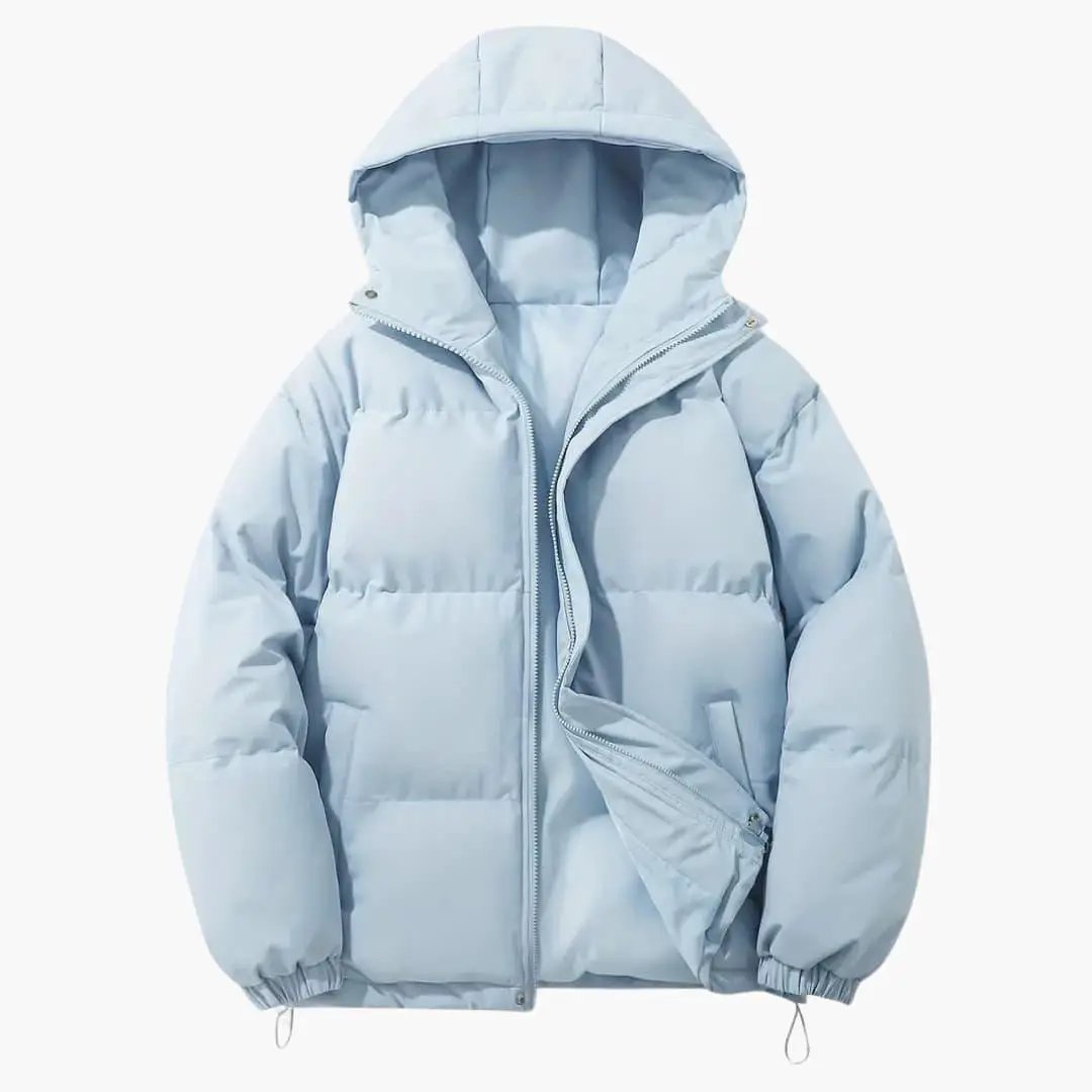Women's hooded puffer jacket in light blue with zipper closure and exterior stitching by Wilfred Smith