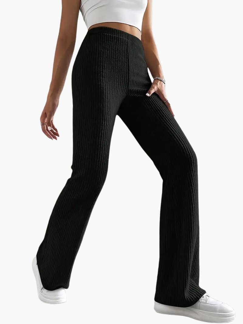 Wide high-waist knit pants for women by Wilfred Smith in black ribbed knit, wide-leg lounge trousers.