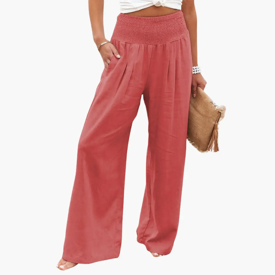 Palazzo trousers for women by Wilfred Smith - wide-leg rust red summer pants with smocked waistband.