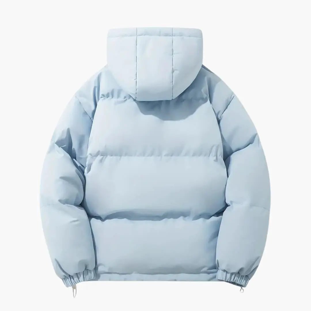 Women's light blue hooded puffer jacket with horizontal stitching