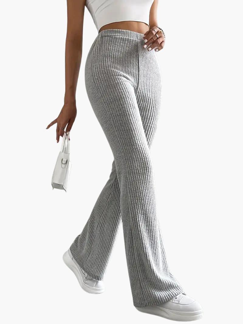 Wide high-waist grey ribbed knit pants for women, lounge trousers with a relaxed wide-leg fit.