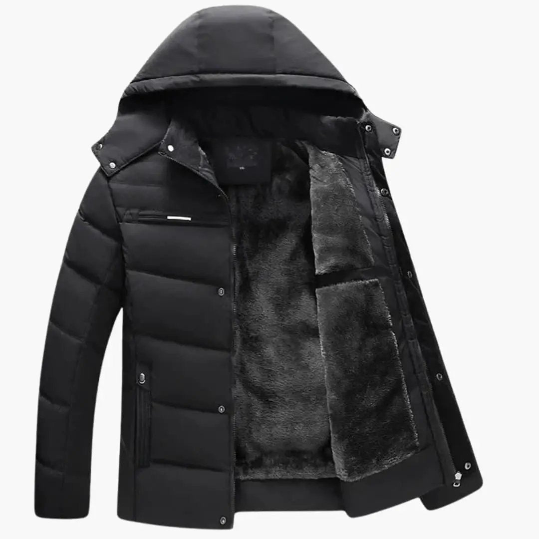 Men's Wilfred Smith black puffer jacket with hood and plush inner lining