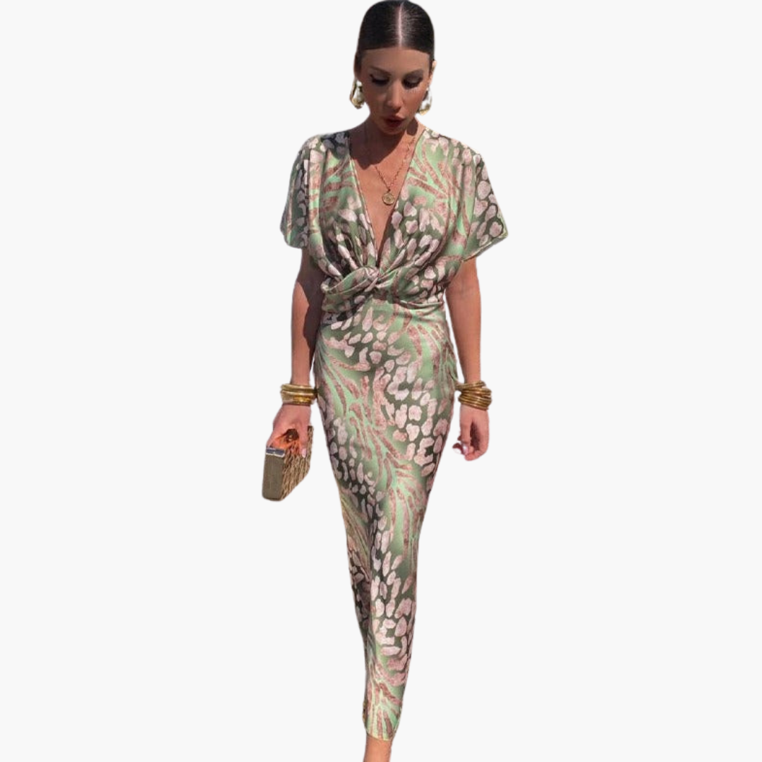 Women's ankle-length maxi dress with V-neck and knotted front in green-pink floral print