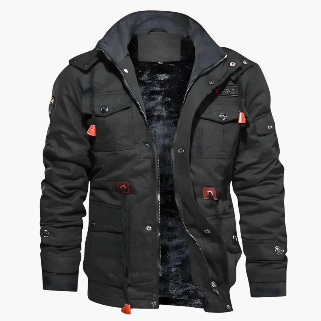 Men's black Wilfred Smith winter jacket with zipper, multiple pockets and orange zipper pulls