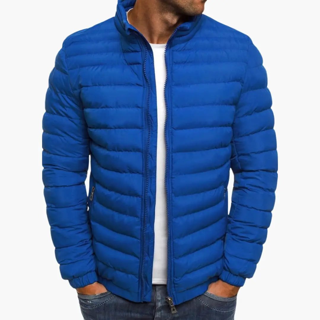 Men's lightweight quilted jacket with zipper in royal blue by Wilfred Smith