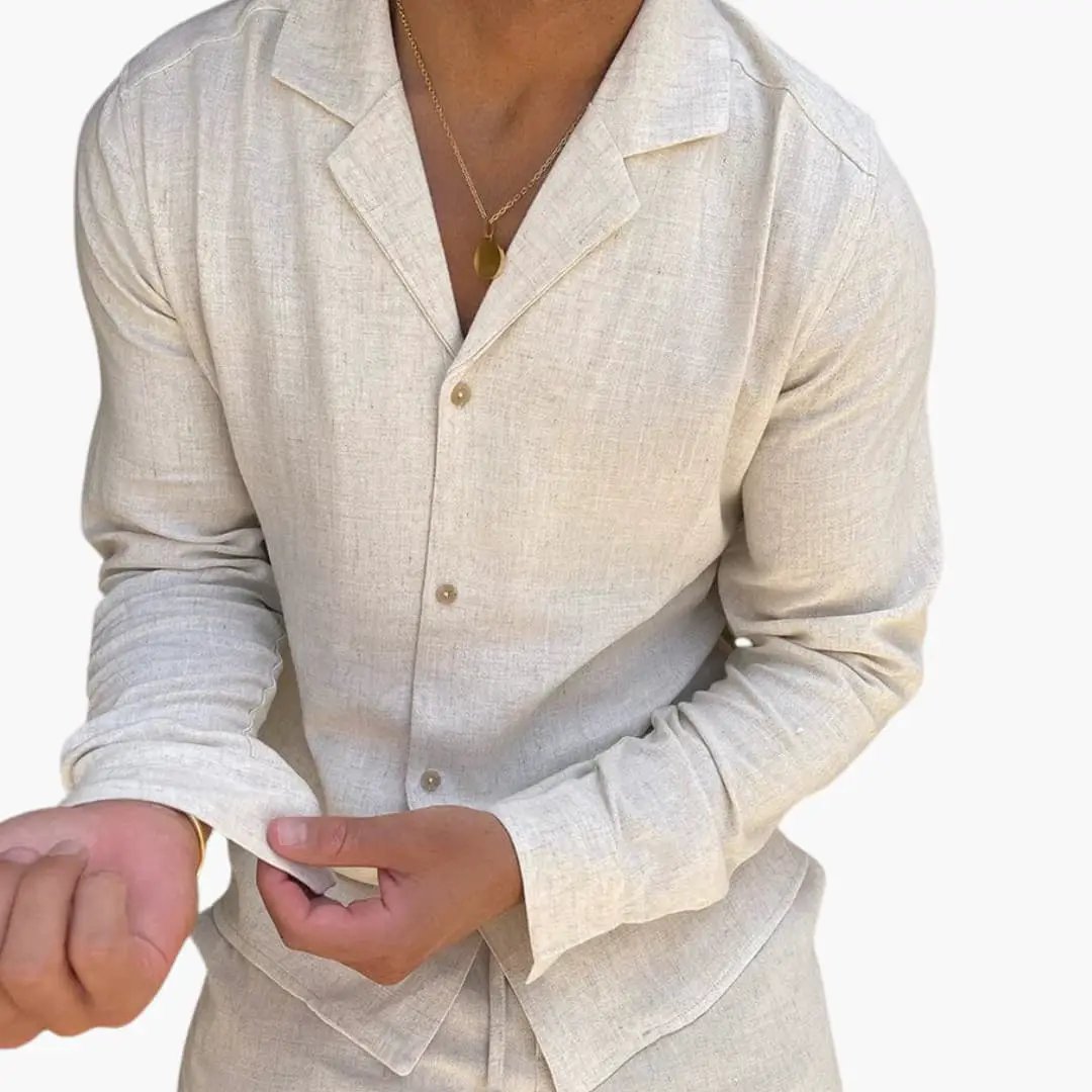 Men's two-piece beige long-sleeve shirt and pants set, breathable for spring/summer