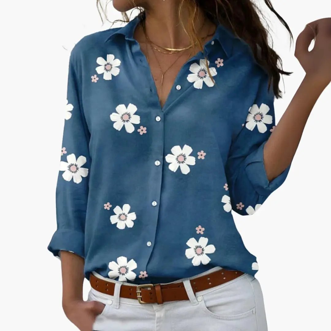 Floral blouse by Wilfred Smith in blue with white flowers, women's summer shirt