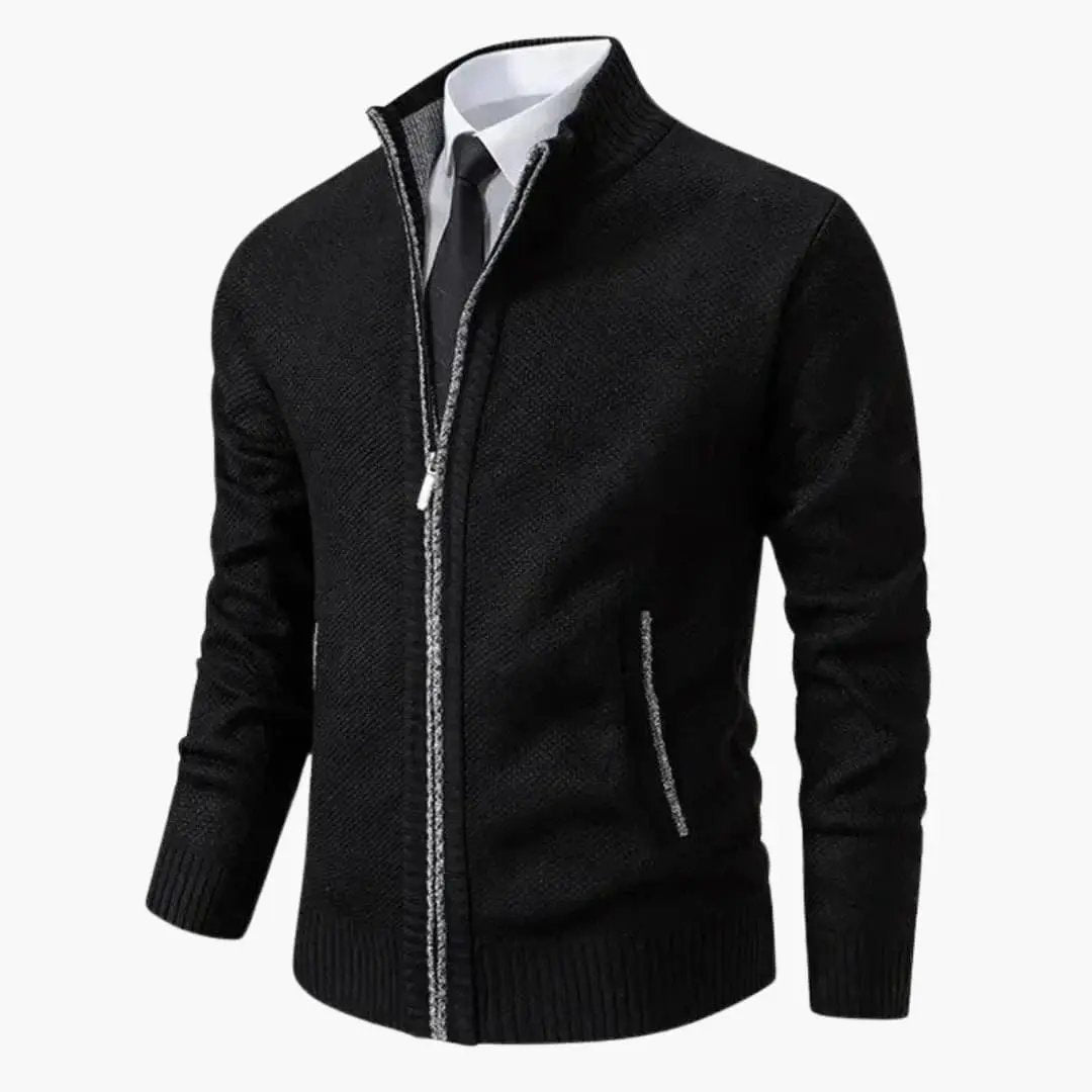 Men’s Knit Zip Jacket with Ribbed Collar in black by Wilfred Smith