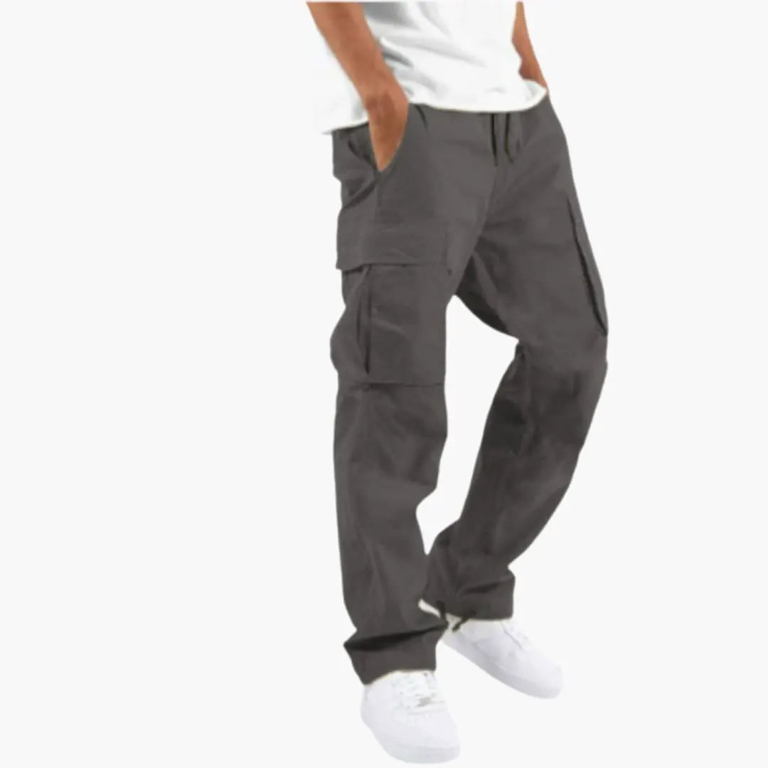 Men's cargo pants in charcoal gray with wide legs and multiple cargo pockets.