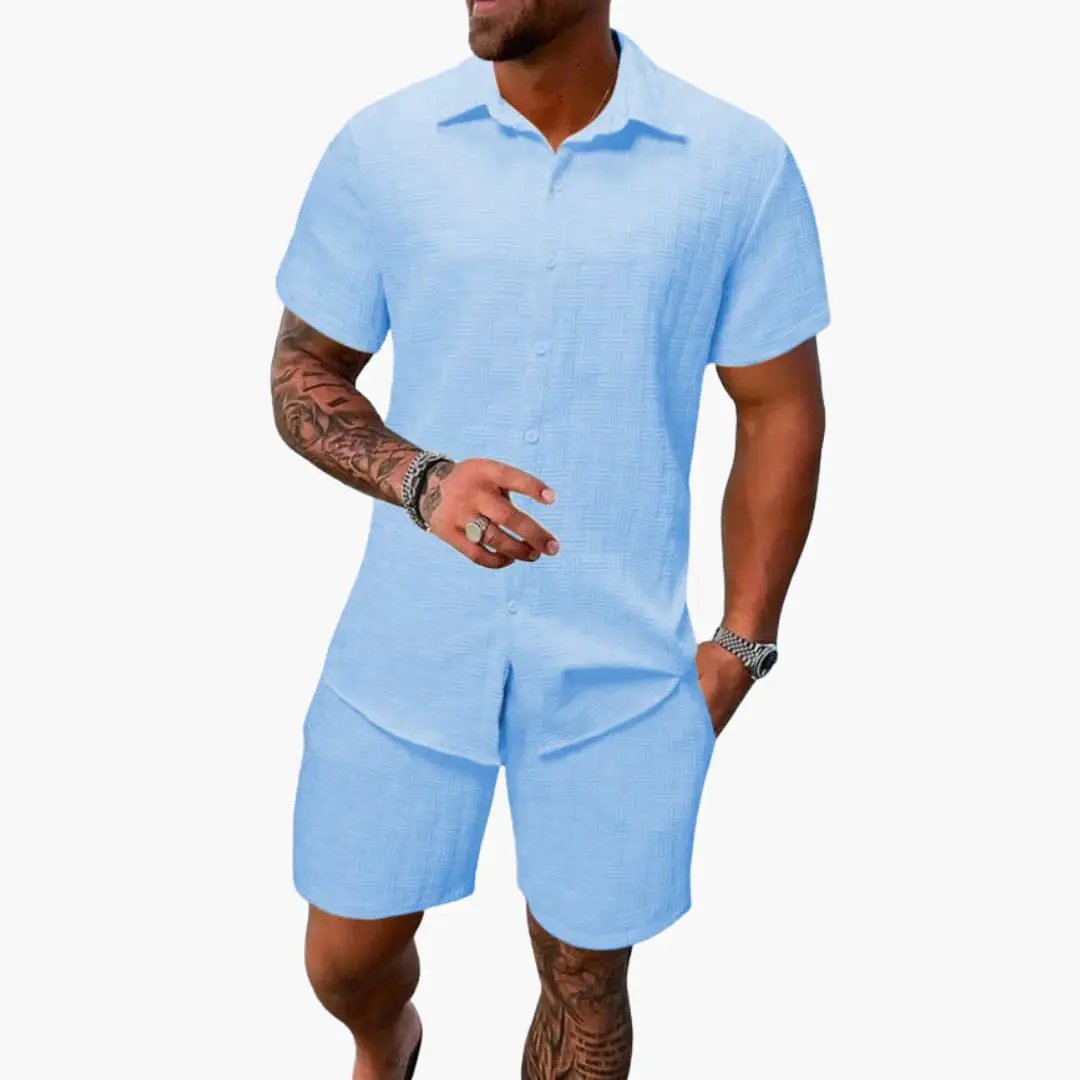 Men's two-piece cotton-blend jacquard set in light blue, with short-sleeve shirt and matching shorts.