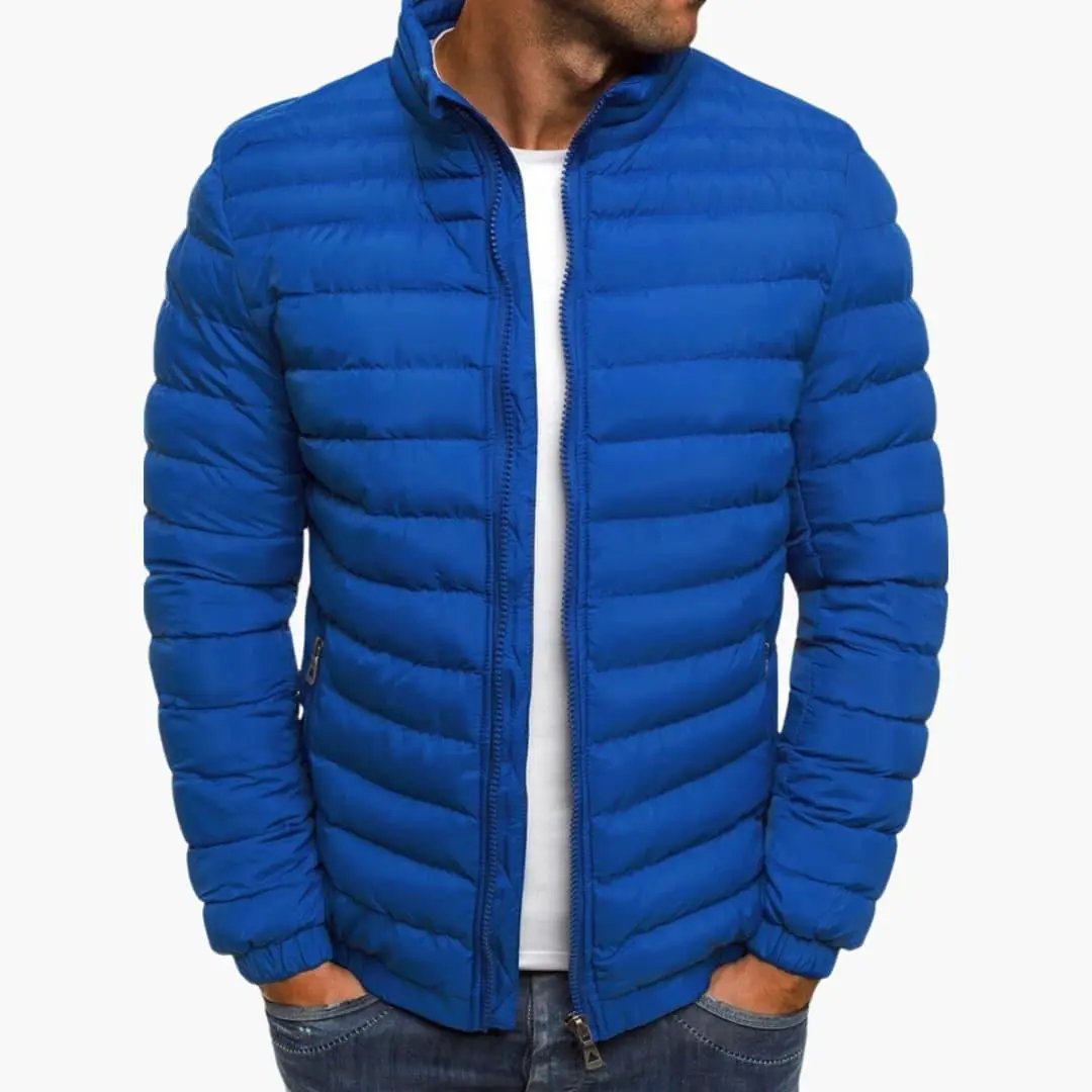 Men’s blue Wilfred Smith hooded puffer jacket with zip closure