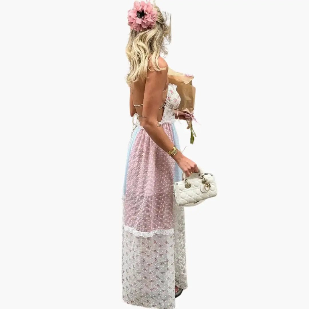 Patchwork Maxi Dress by Wilfred Smith; pastel lace, spaghetti straps, airy summer dress