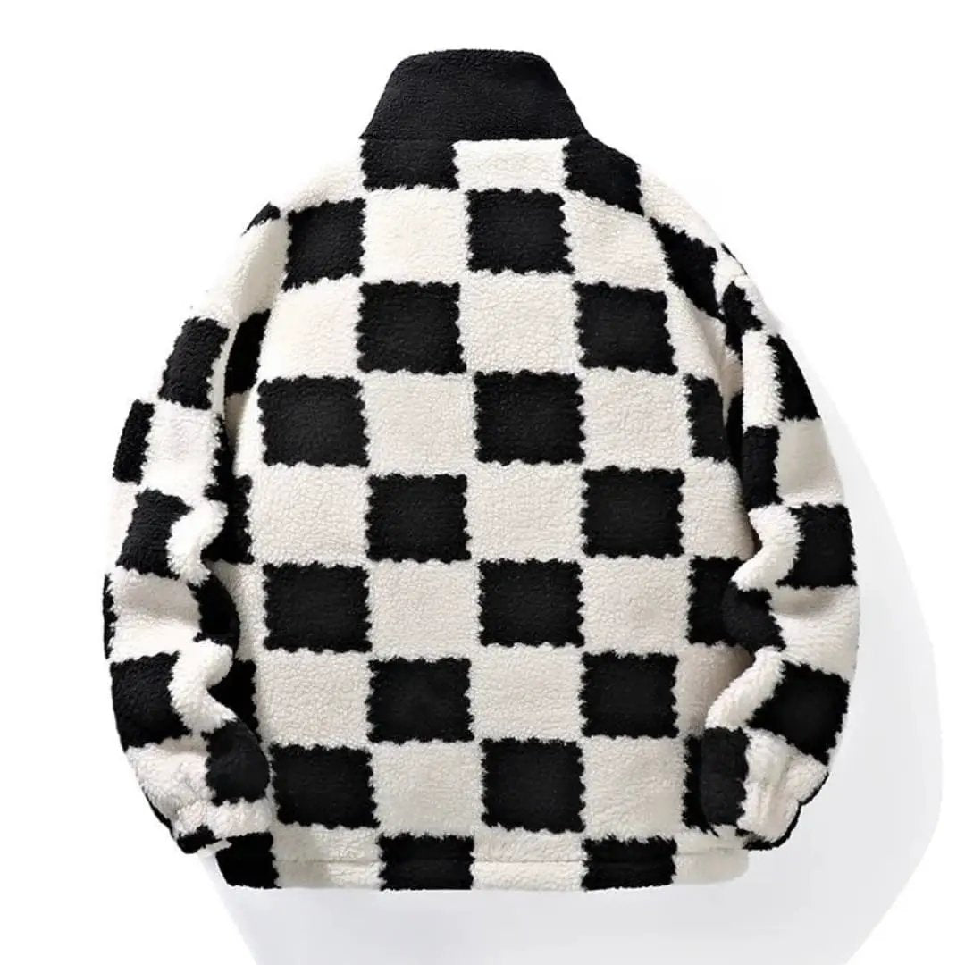 Men's fleece jacket with black-and-white checker pattern, Wilfred Smith brand, zip front
