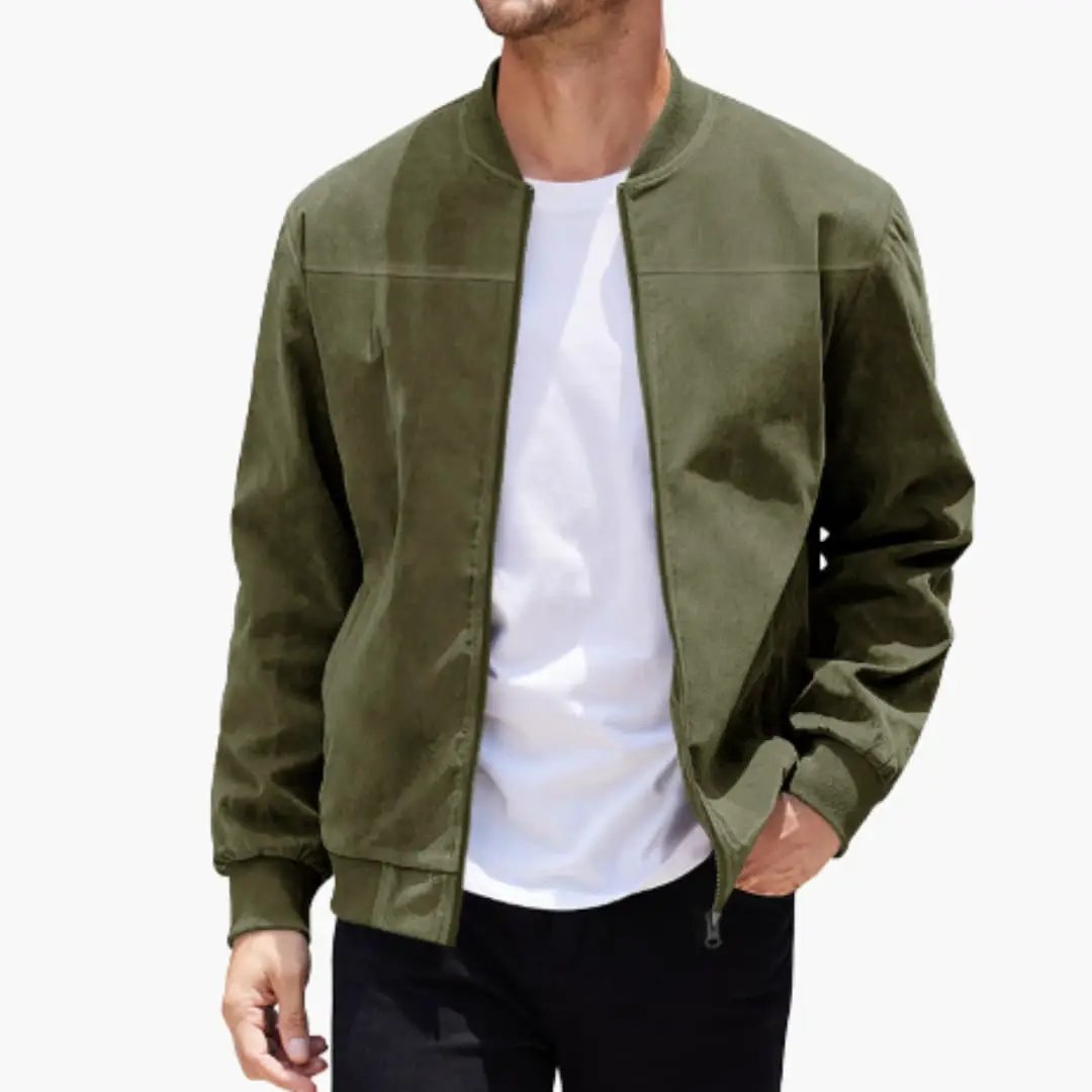 Bomber jacket for men in olive green with ribbed collar and zipper