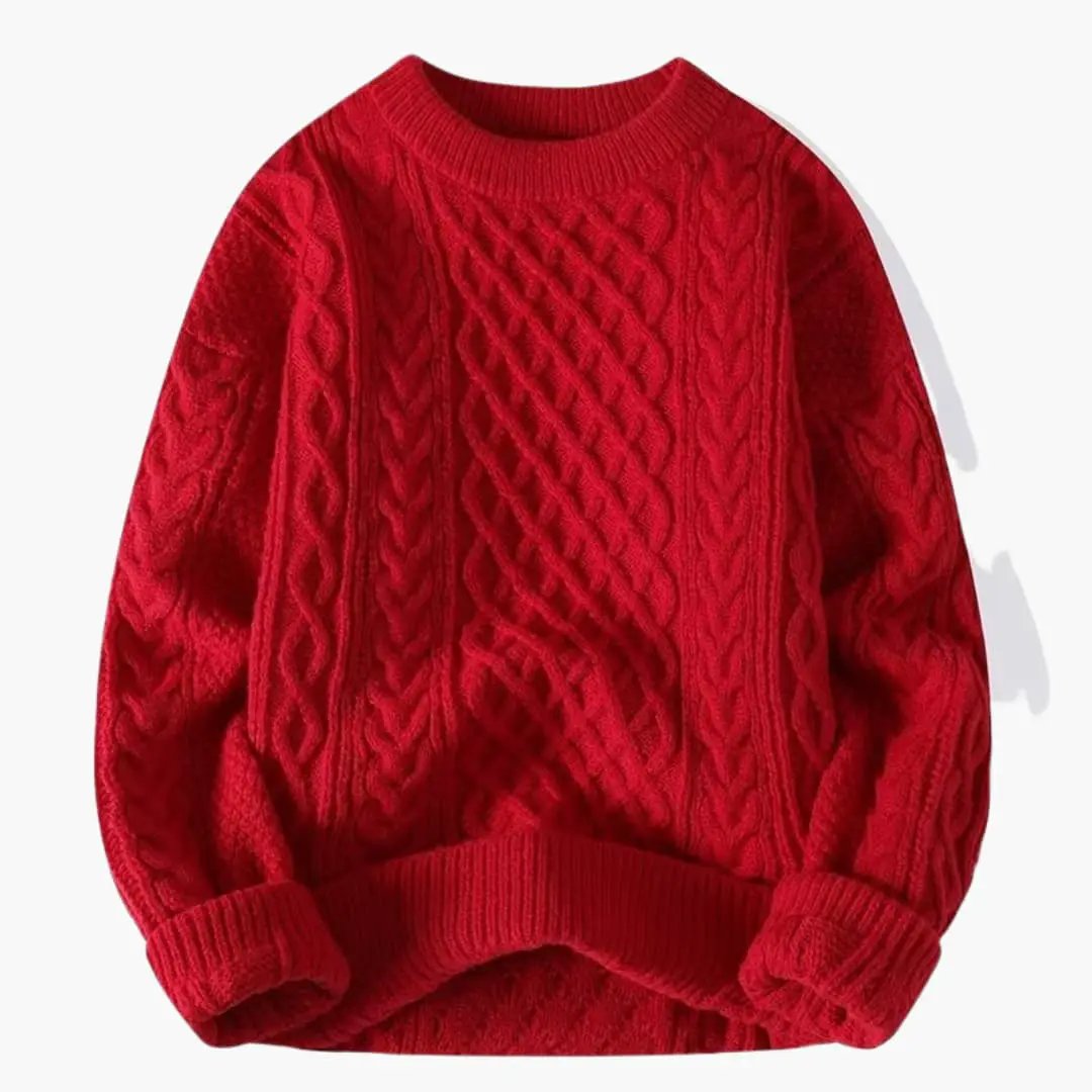 Women's red cable-knit sweater with round neck by Wilfred Smith