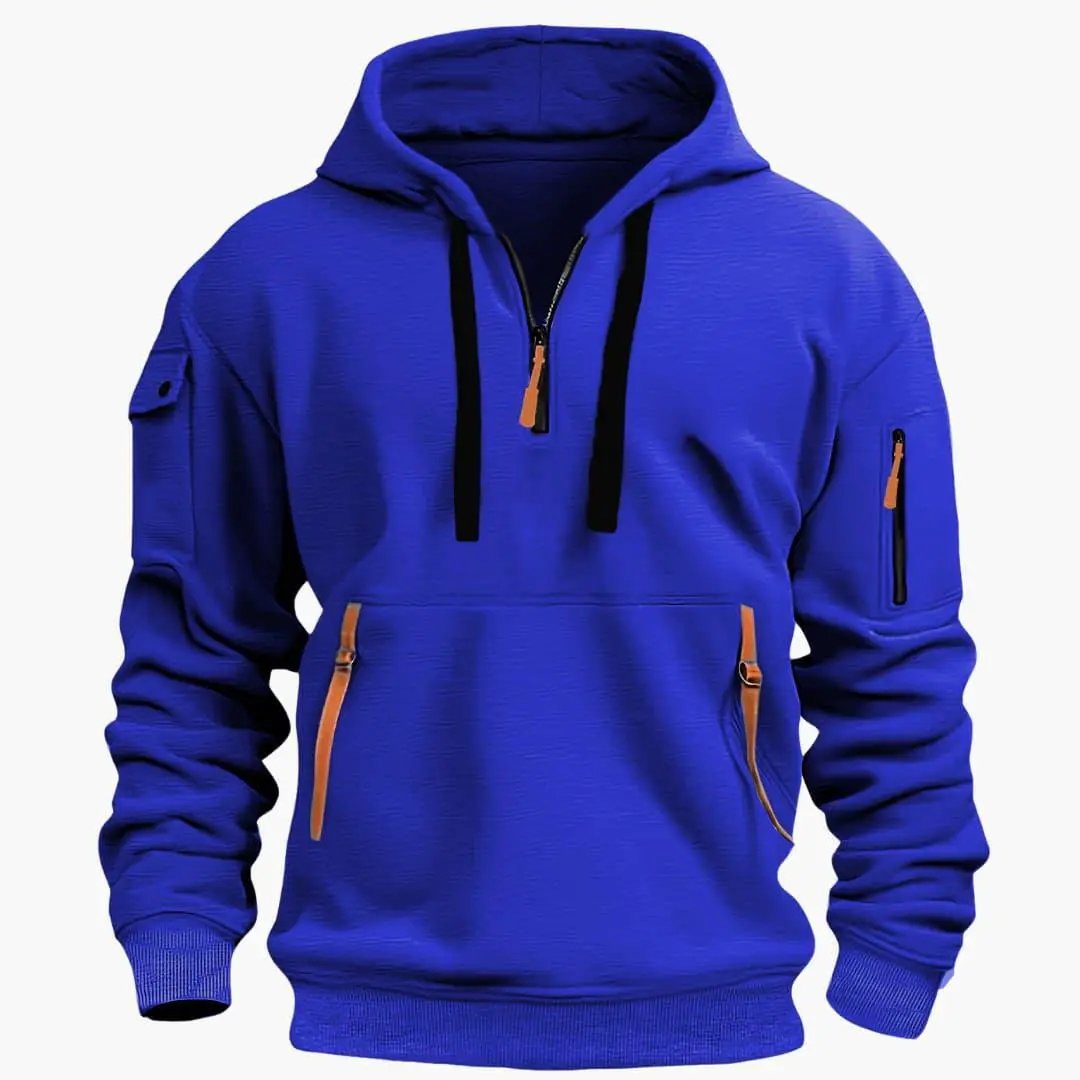 Men's Hoodie in blue with adjustable hood and zipped pockets with tan pulls
