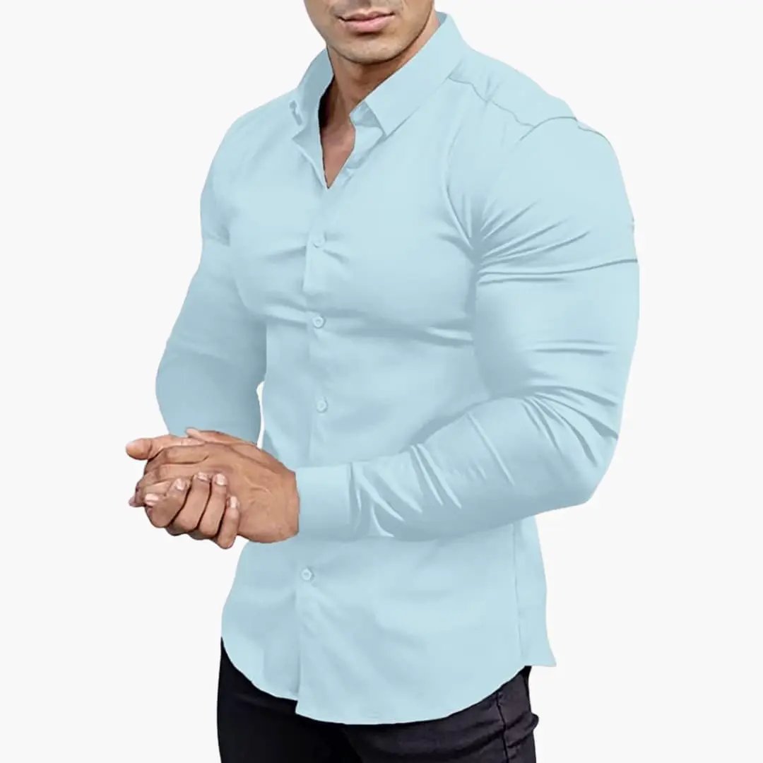 Slim-fit men's shirt in light blue, long-sleeve with button-down front.