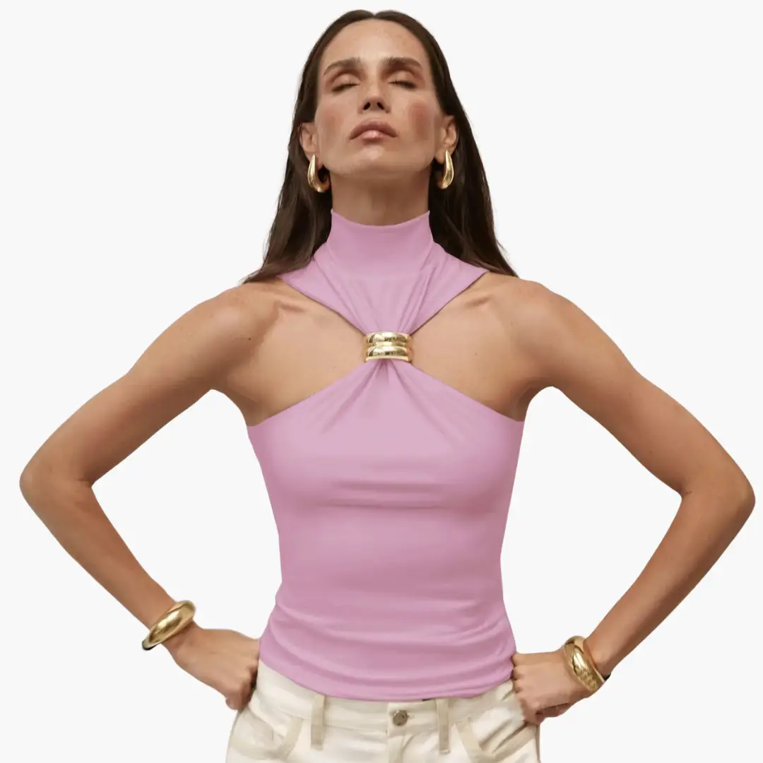 Chic pink high-neck halter top with a gold center ring