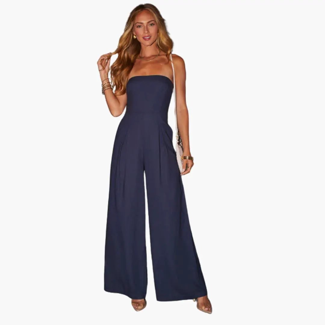 Navy strapless jumpsuit for women with a fitted bodice and wide-leg pants