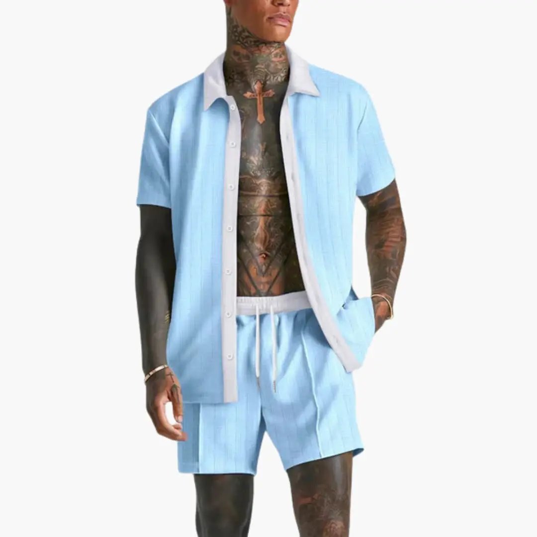 Men's light blue summer two-piece set: short-sleeve shirt and drawstring shorts