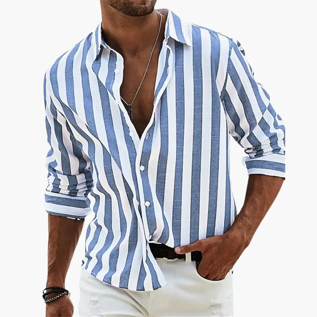 Striped linen shirt for men, blue and white lightweight casual shirt with button placket.