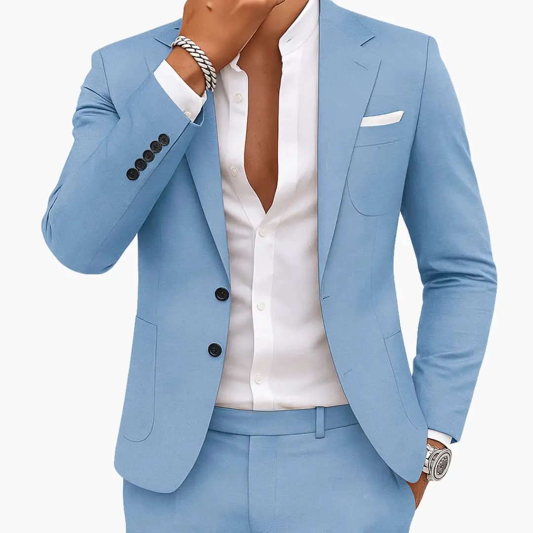 Men's two-piece light-blue suit set with blazer and pants, white shirt.