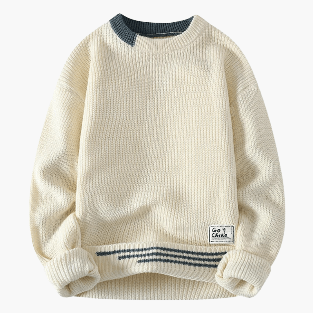 Men's sweater by Wilfred Smith, cream knit with round neckline and ribbed hem