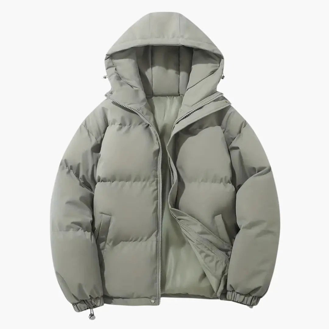 Women's hooded parka by Wilfred Smith in light gray-green with front zipper and exterior stitching.