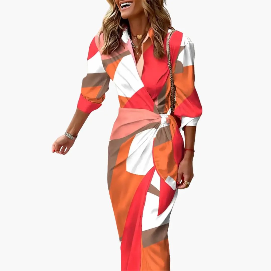 Striped shirt dress, cotton maxi by Wilfred Smith in orange, red, white geometric pattern with waist tie