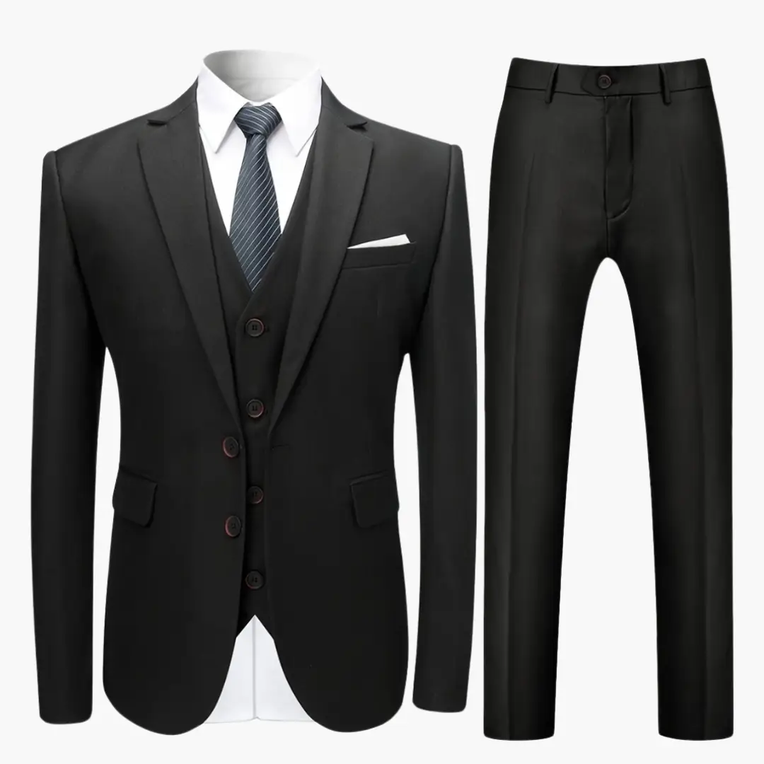 Wedding suit single-breasted three-piece set in black with jacket, waistcoat, and trousers, white shirt and striped tie.