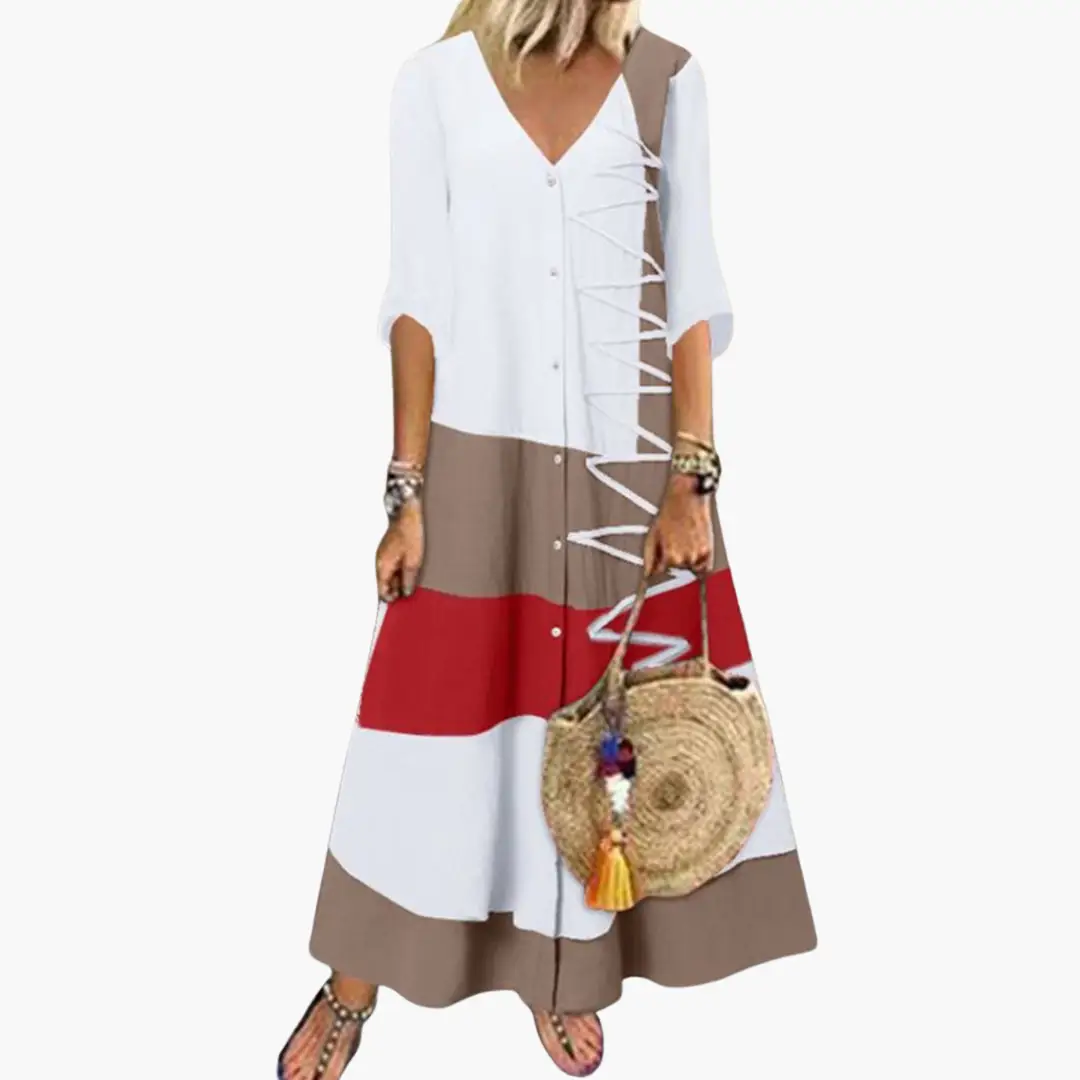 Long knit maxi dress for women with white V-neck top colorblock taupe and red panels, lace-up side detail, Wilfred Smith
