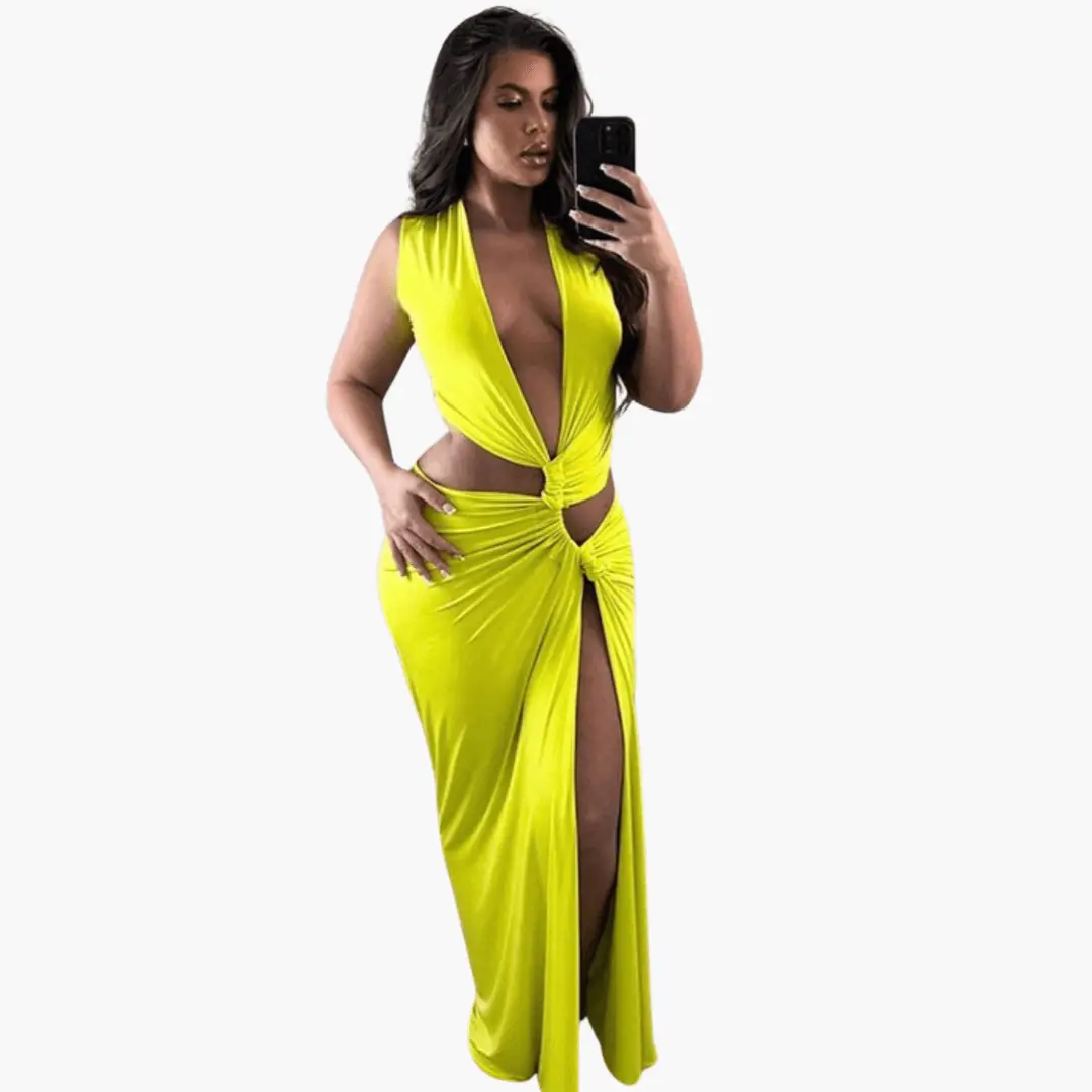 Summer dress for women neon lime cut-out V-neck with side slit