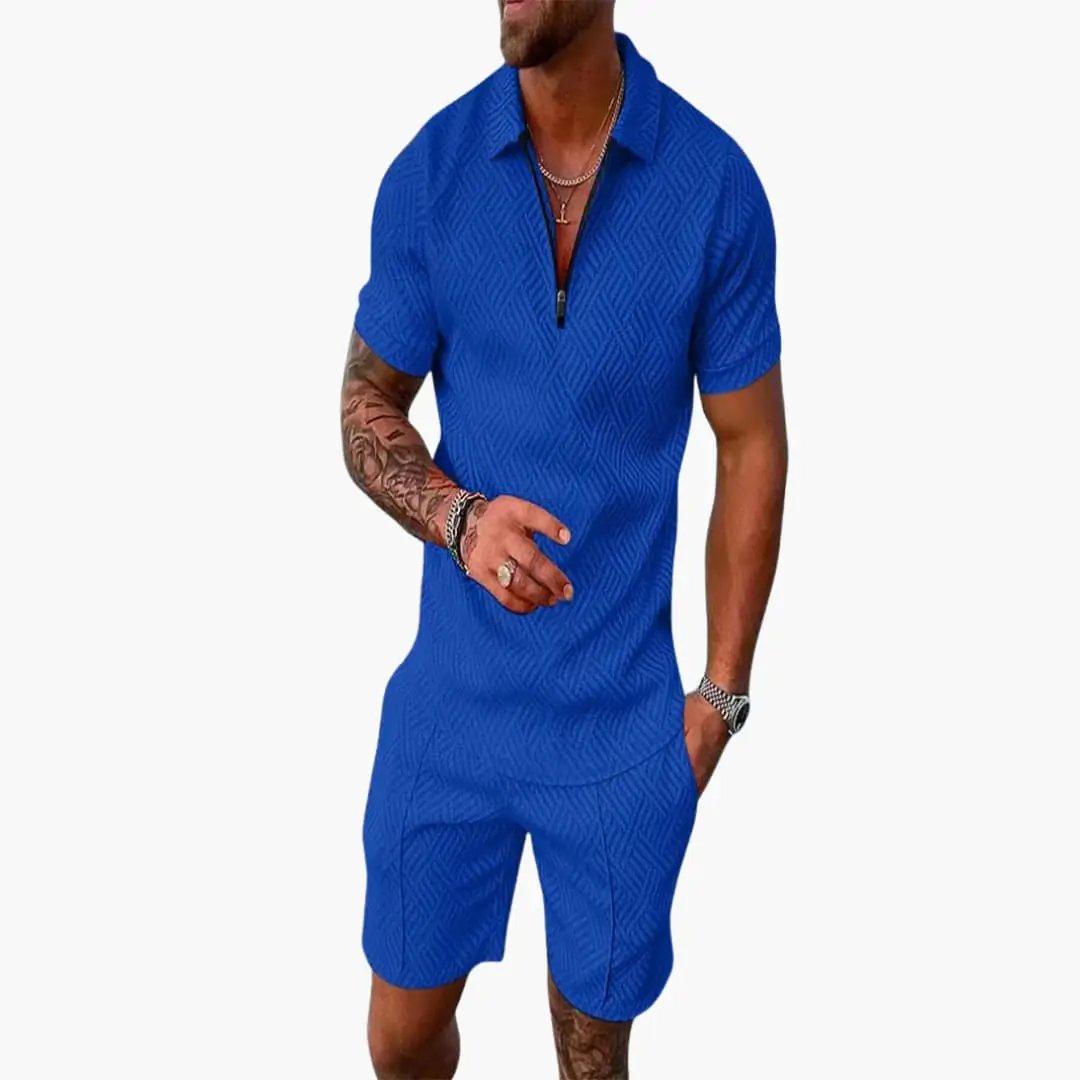 Men's blue two-piece summer set with zippered top and shorts by Wilfred Smith
