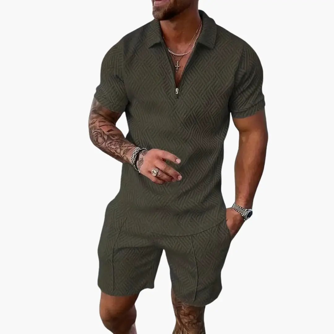 Men's summer two-piece outfit set with zip-neck polo and matching olive-green shorts in geometric pattern