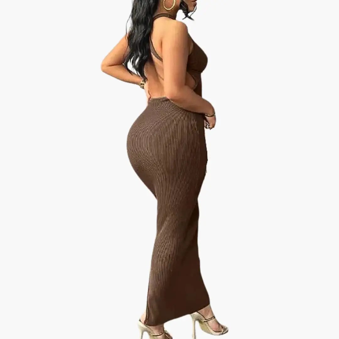 Elegant Summer Dress backless brown ribbed maxi dress for women, beach-ready