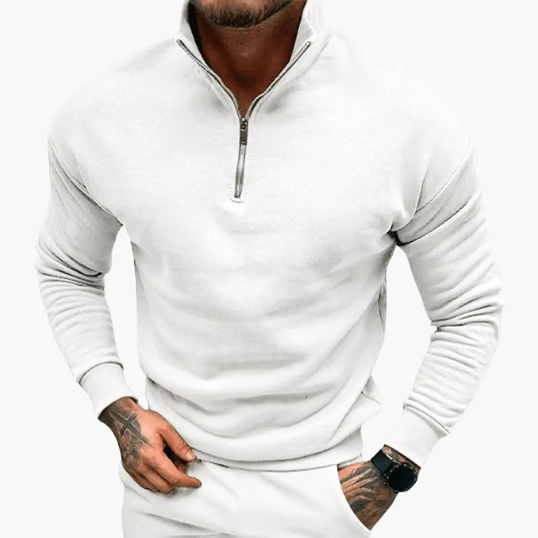 Men's zip-up sweatshirt in light gray, long-sleeve pullover.