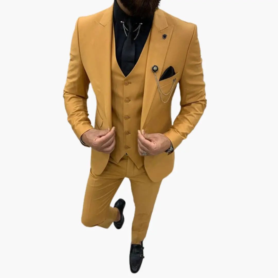 Men's three-piece suit in mustard yellow with notch lapel, matching vest and pants, slim-fit