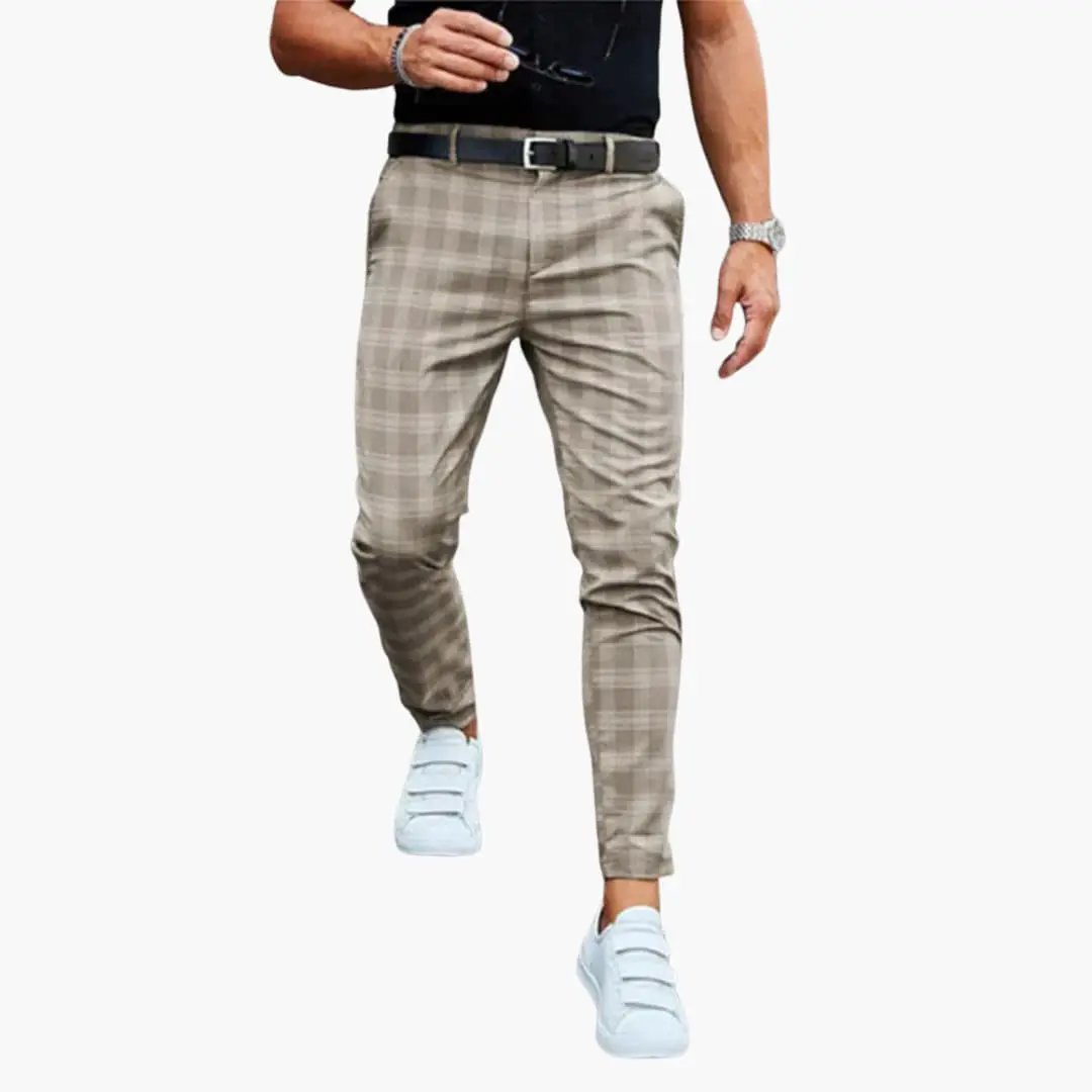 Men's slim-fit plaid trousers in beige check by Wilfred Smith