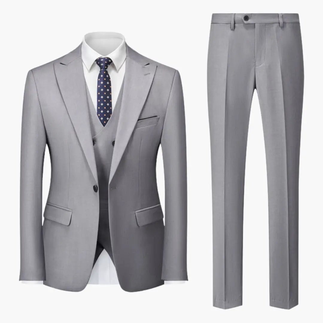 Elegant Slim Fit 3-Piece Suit by Wilfred Smith in light gray with jacket, vest, and trousers