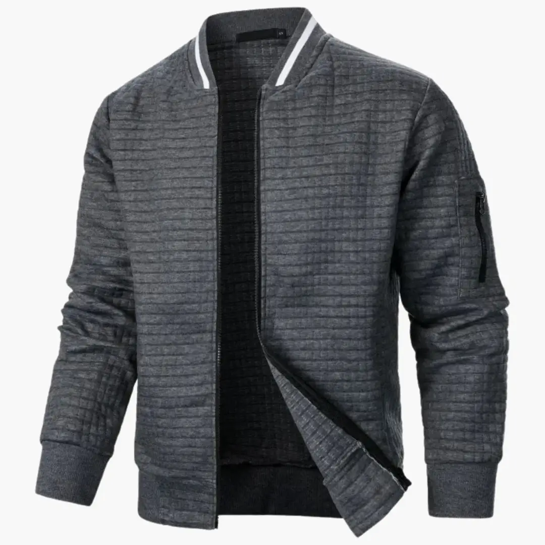 Wilfred Smith men's bomber jacket in gray quilted fabric with zip sleeve pocket