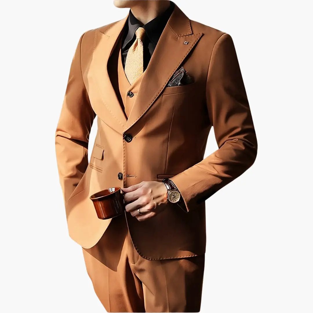 Men's three-piece tan suit with vest in slim-fit cut by Wilfred Smith