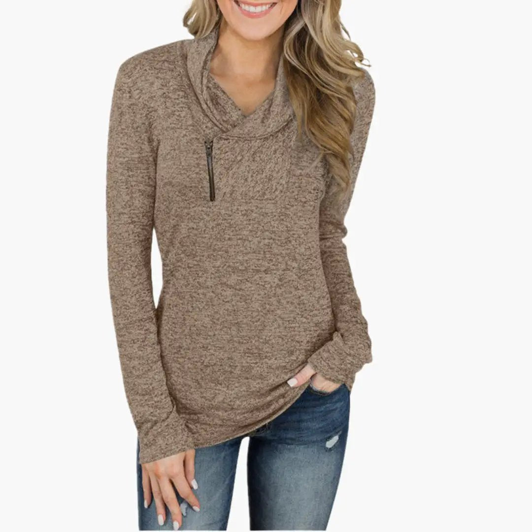 Women's knit pullover with cowl collar and front zipper in heather tan, long sleeves.