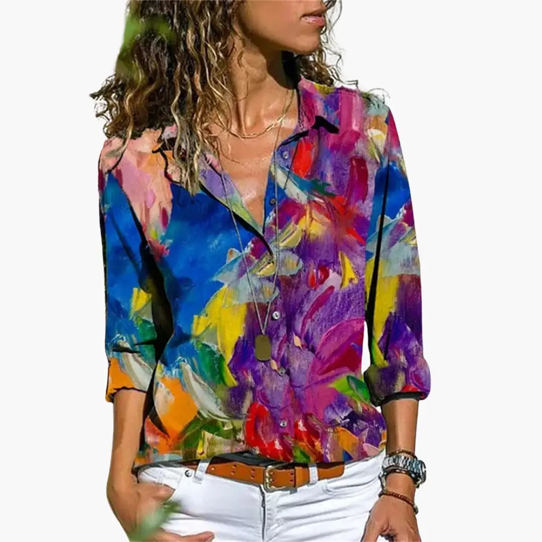 Flowy loose-fit blouse for women in multicolor abstract print by Wilfred Smith
