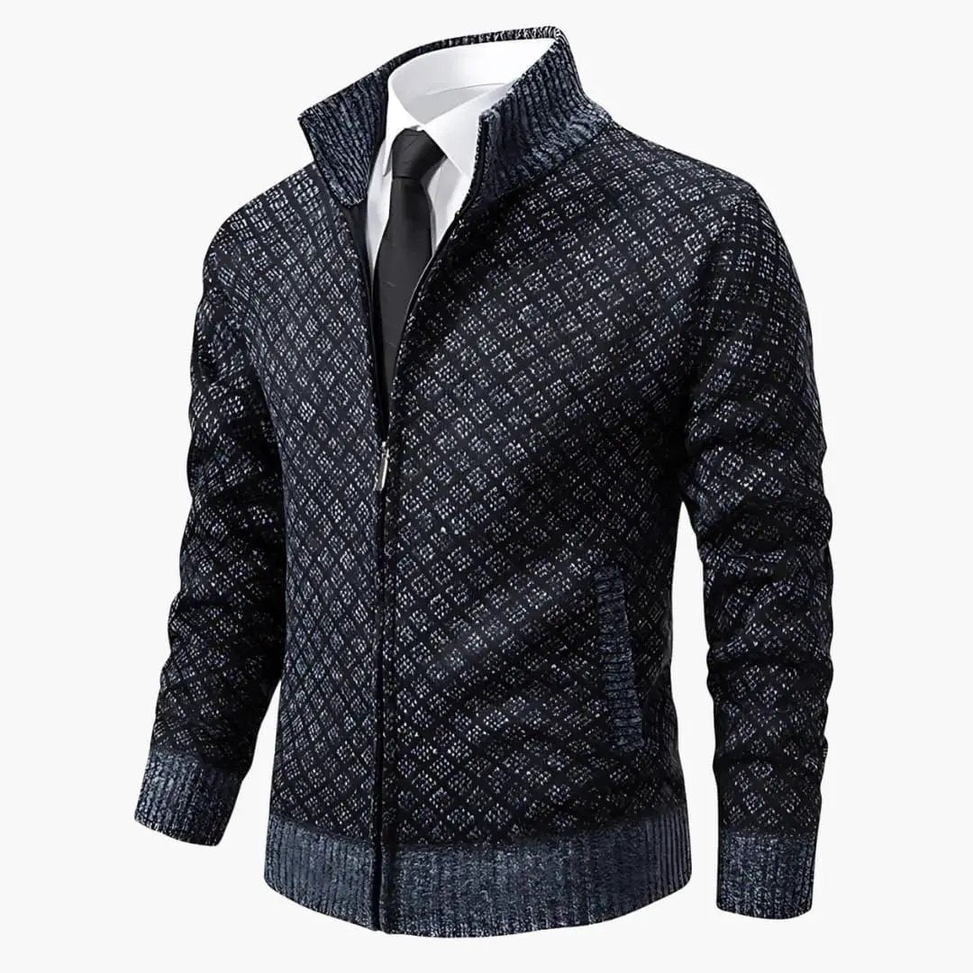 Men's Wilfred Smith navy diamond-pattern sport jacket with zip front, lapel collar.