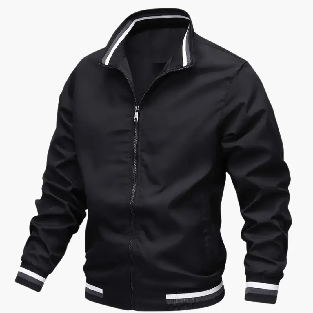 Men's bomber jacket by Wilfred Smith in black with ribbed cuffs and hem and front zipper.