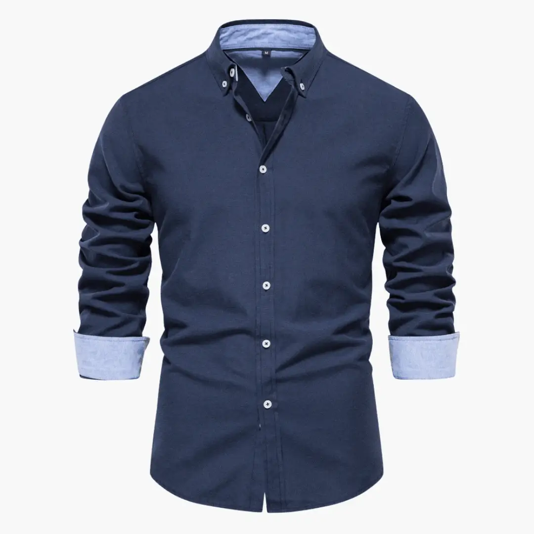 Classic shirt for men by Wilfred Smith, navy blue long-sleeve button-down with light blue cuffs