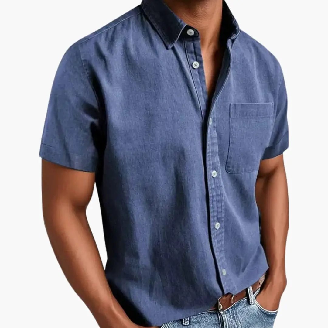 Men's short sleeve shirt with chest pocket in denim blue by Wilfred Smith, tailored fit for spring and summer